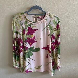 Ted Baker London Cream Floral Long-Sleeve Blouse with Magenta Blooms